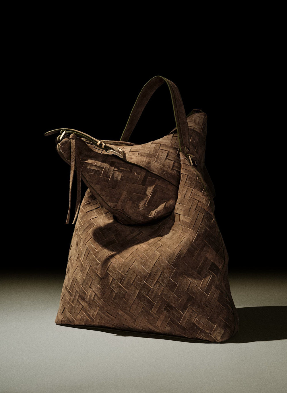 Stevie Khaki Suede Woven Sling Bag