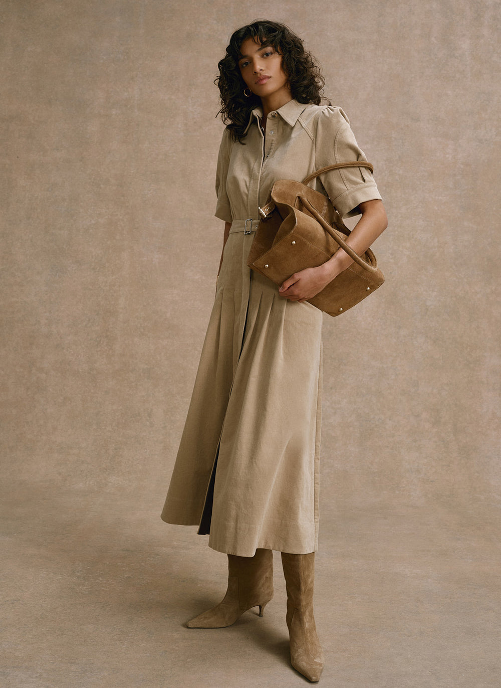 Neutral Corduroy Belted Midi Dress