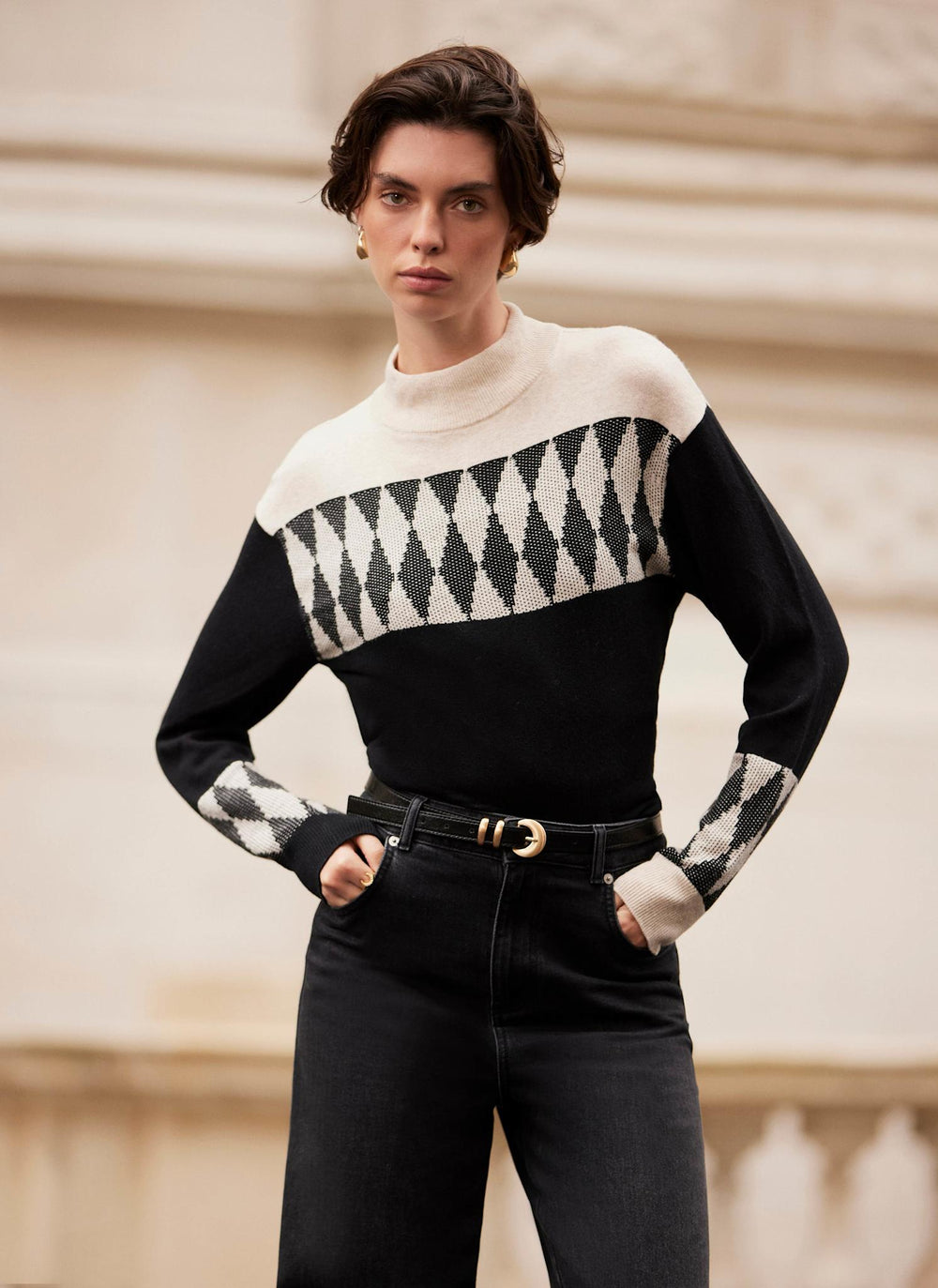 Neutral and Black Cotton Blend Graphic Jumper