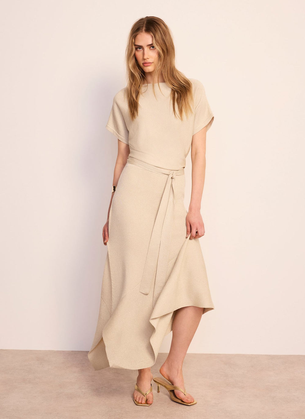 Neutral Metallic Asymmetric Knit Midi Dress