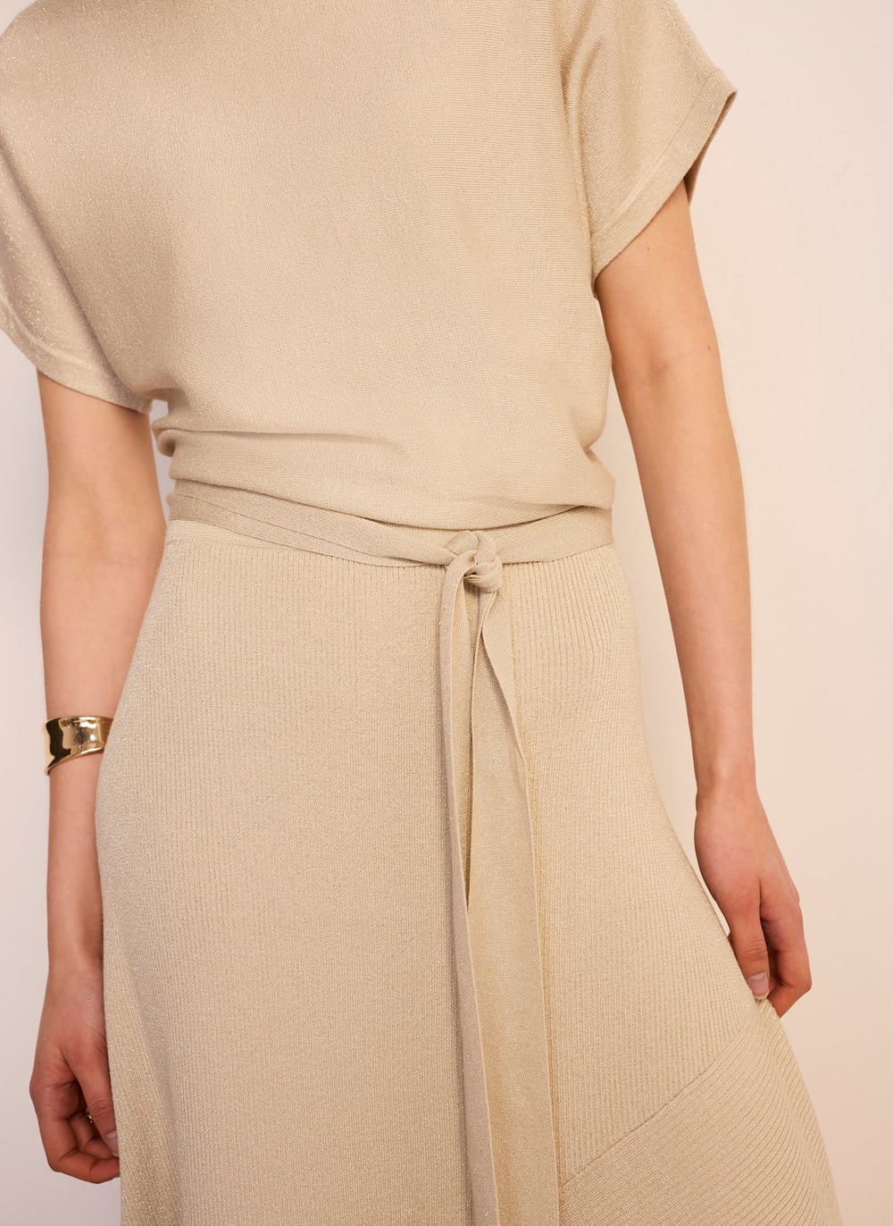 Neutral Metallic Asymmetric Knit Midi Dress