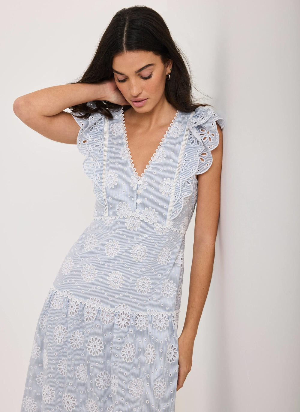 Blue Striped Broderie Midi Dress