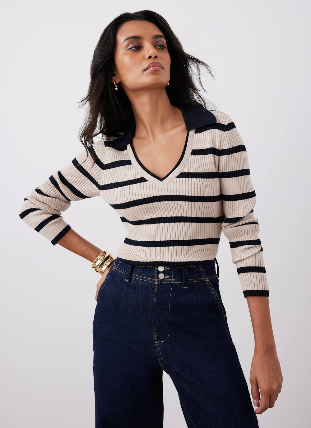 Cream Cotton Blend Striped Ribbed Top