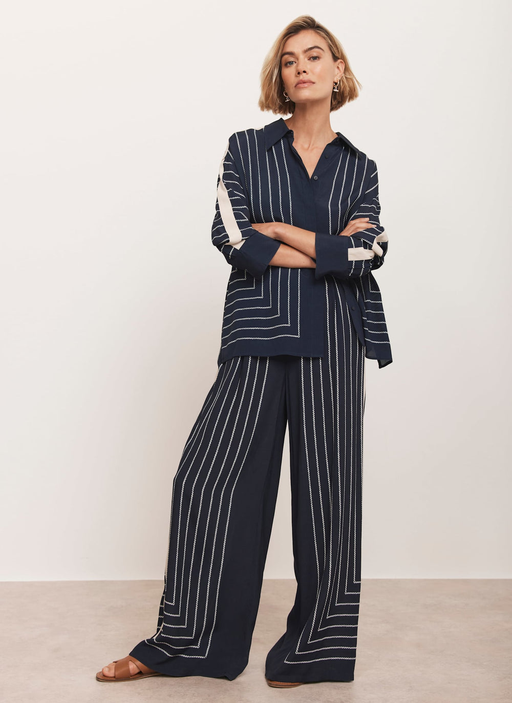 Navy Striped Wide Trousers
