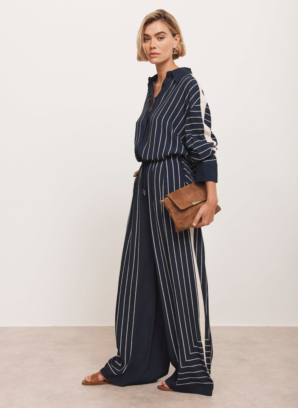 Navy Striped Wide Trousers