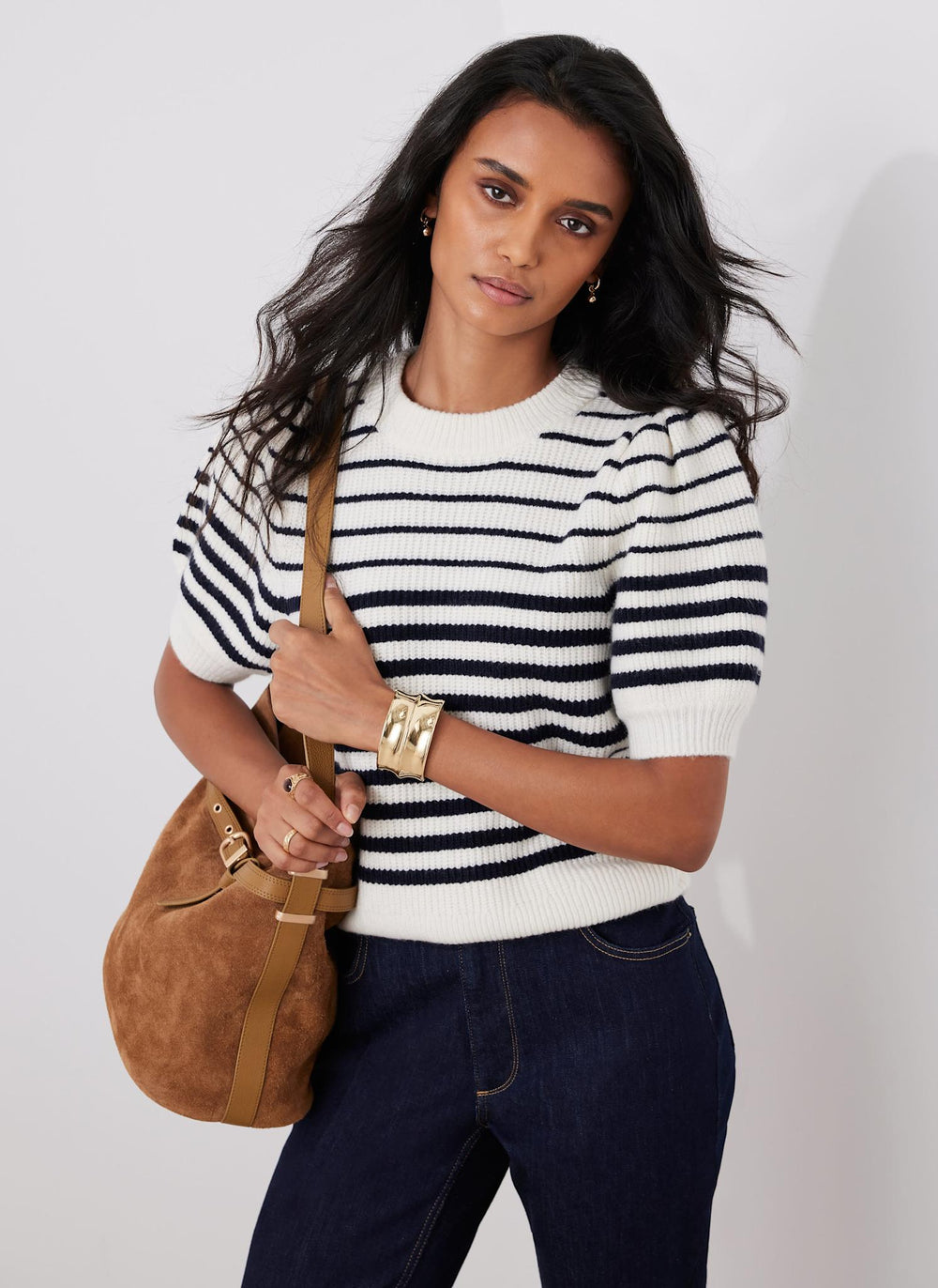 Navy Striped Puff Sleeve Knit Top