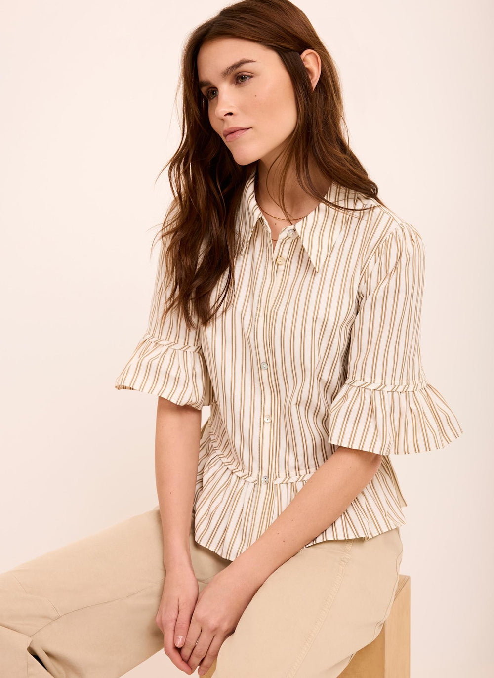 Neutral Striped Ruffle Trim Shirt