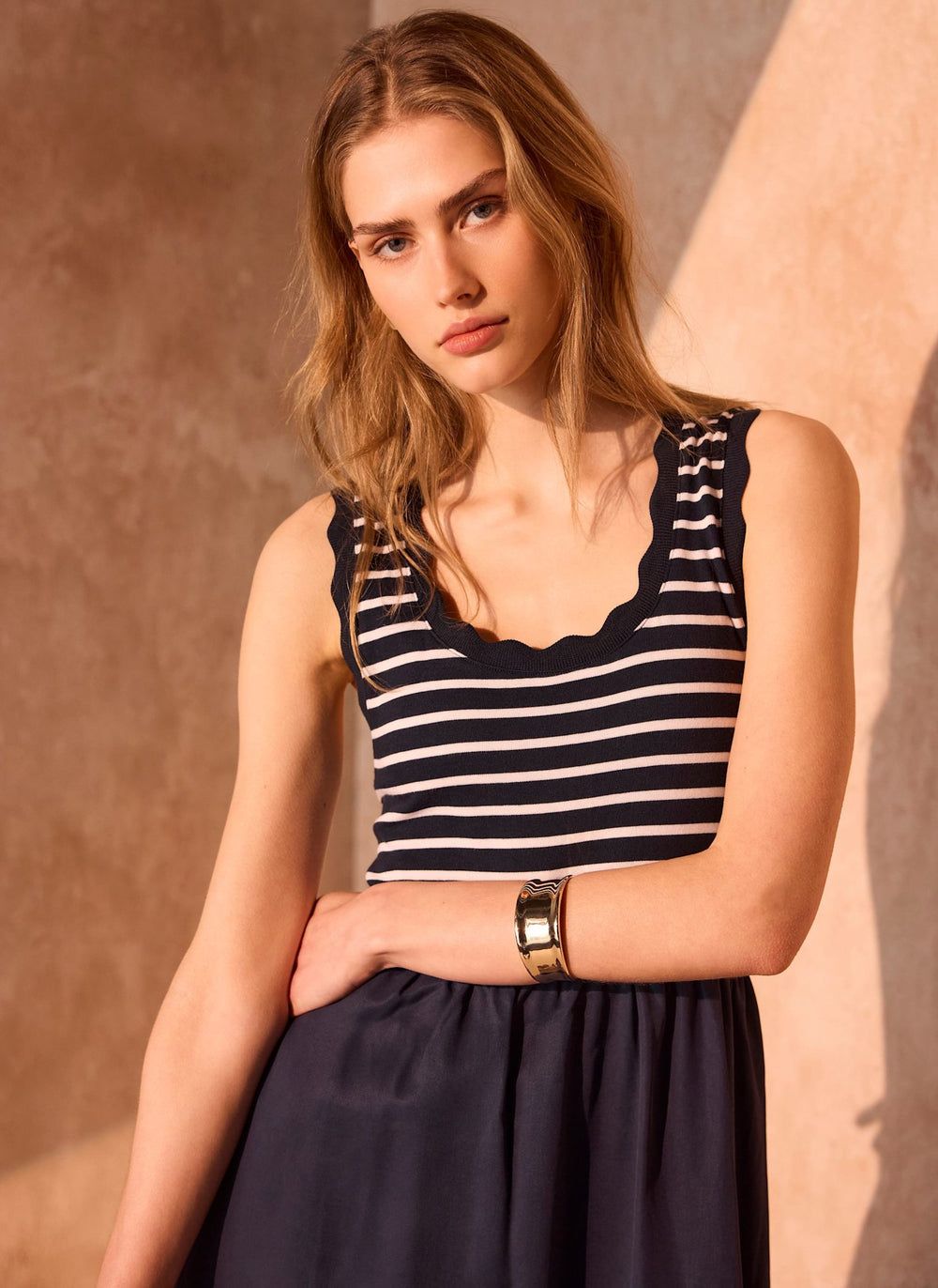Navy Striped Scallop Trim Midi Dress