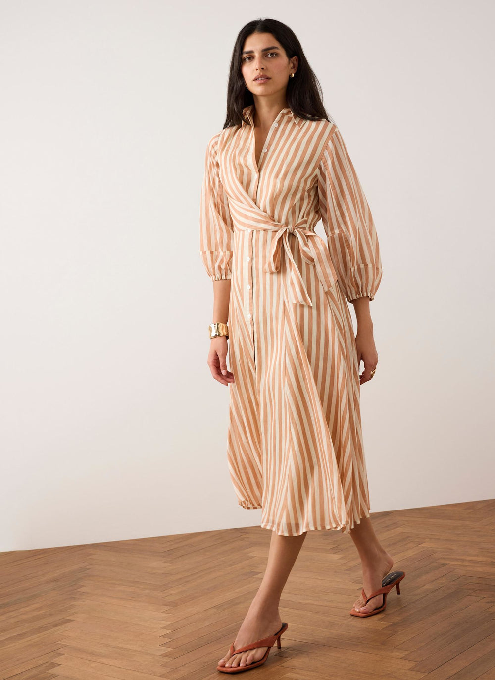 Orange Stripe Wrap Midi Shirt Dress