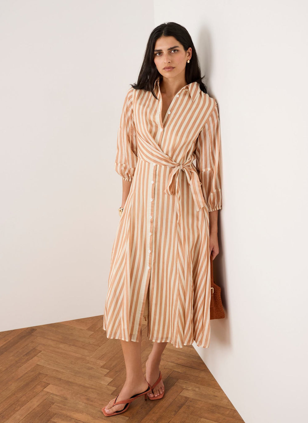 Orange Stripe Wrap Midi Shirt Dress