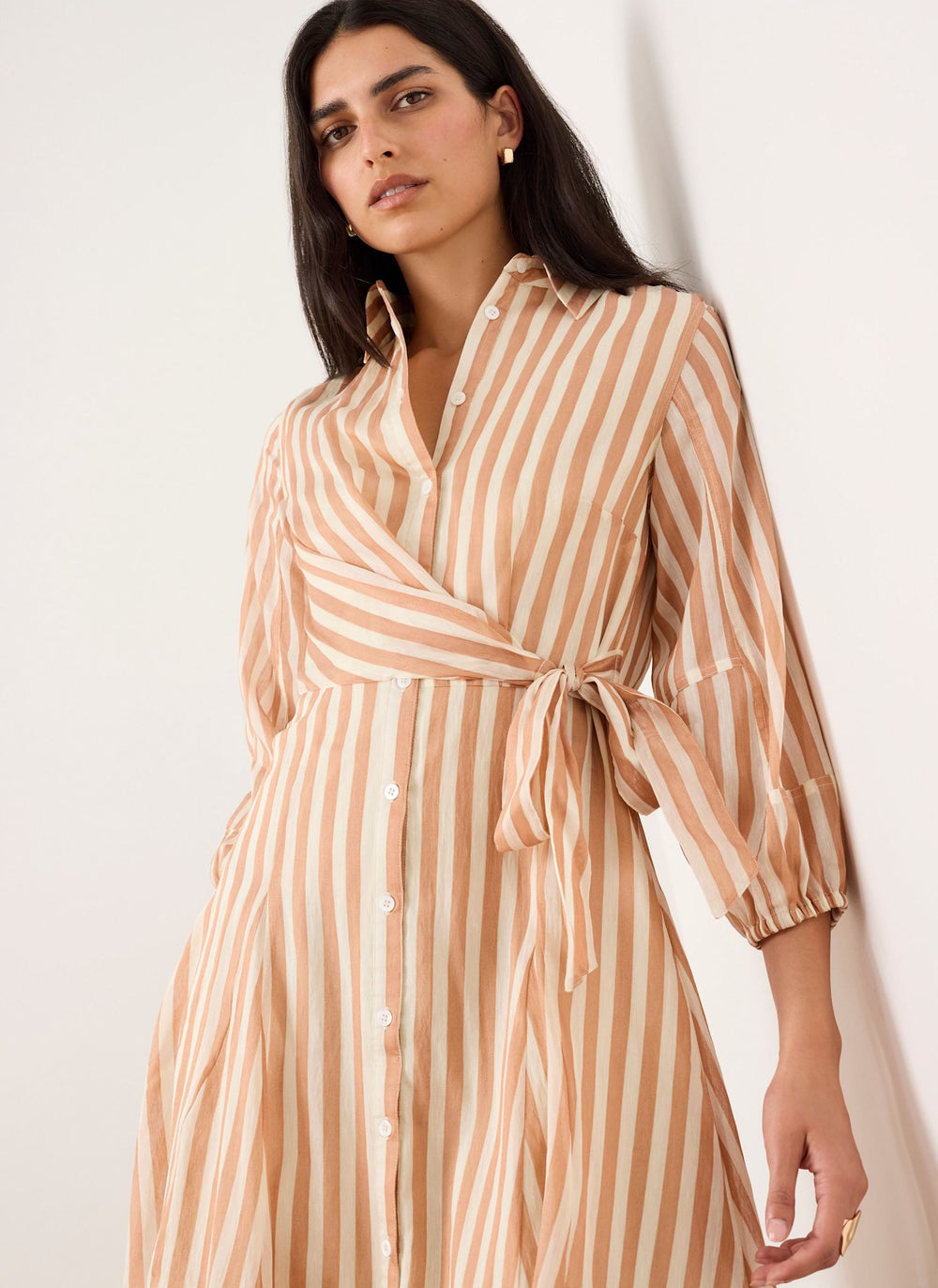 Orange Stripe Wrap Midi Shirt Dress