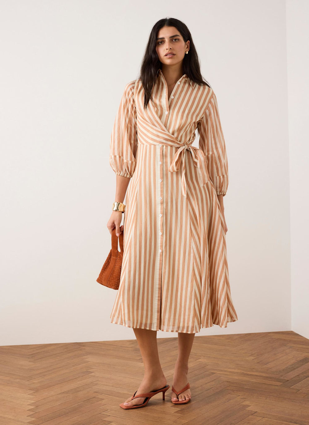 Orange Stripe Wrap Midi Shirt Dress