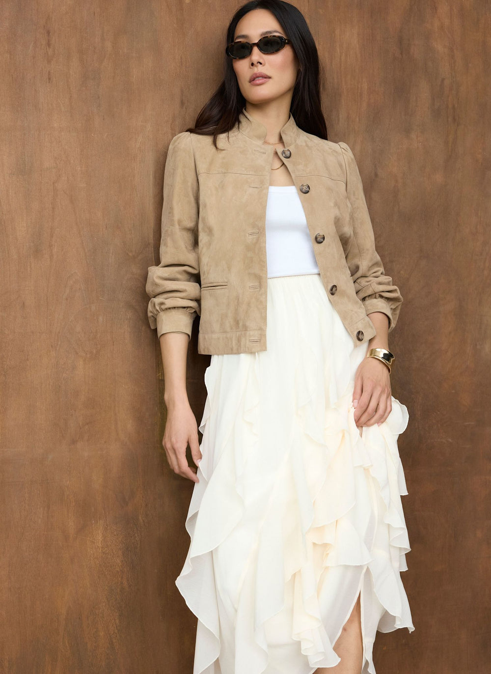 Neutral Suede Puff Sleeve Jacket