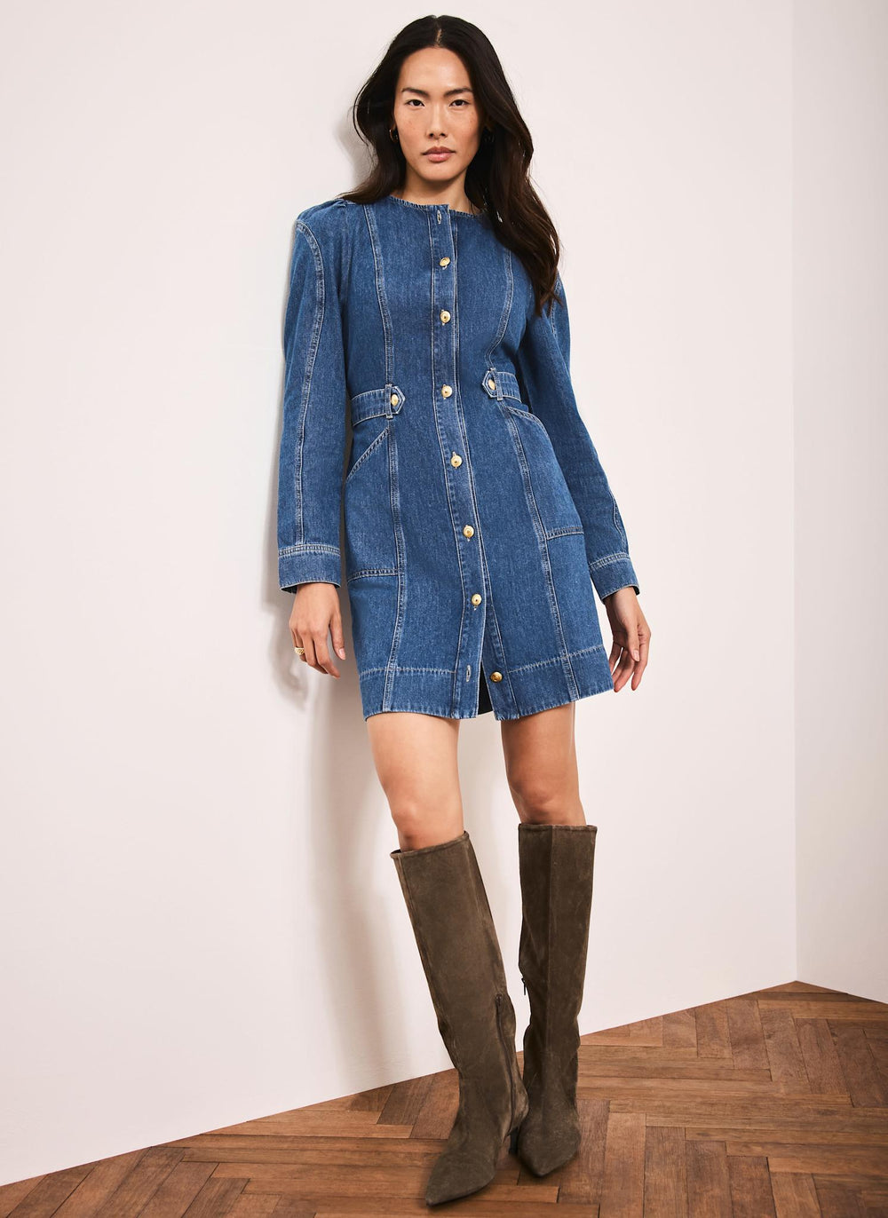 Indigo Denim Puff Sleeve Mini Dress