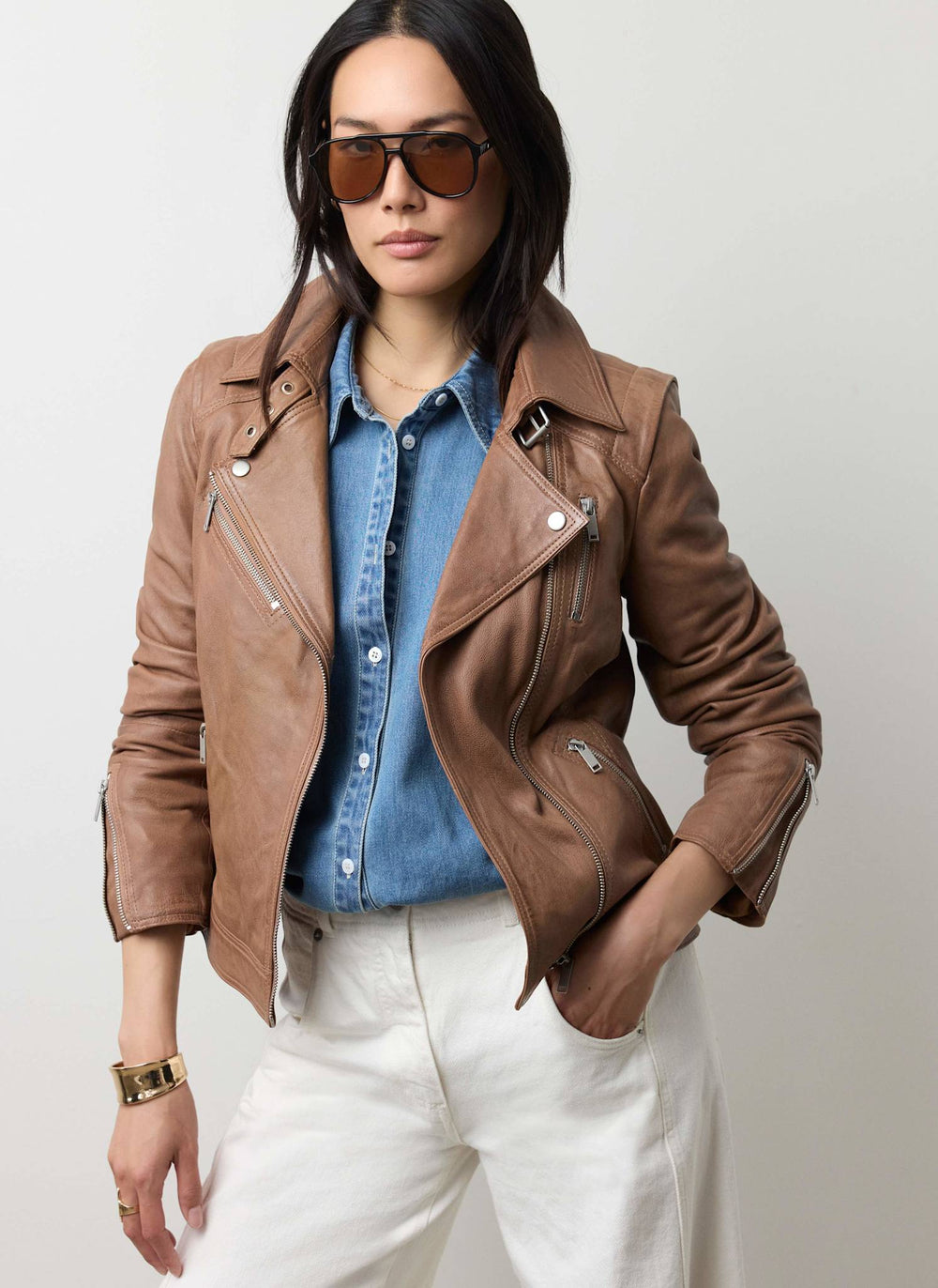 Tan Leather Longline Biker Jacket