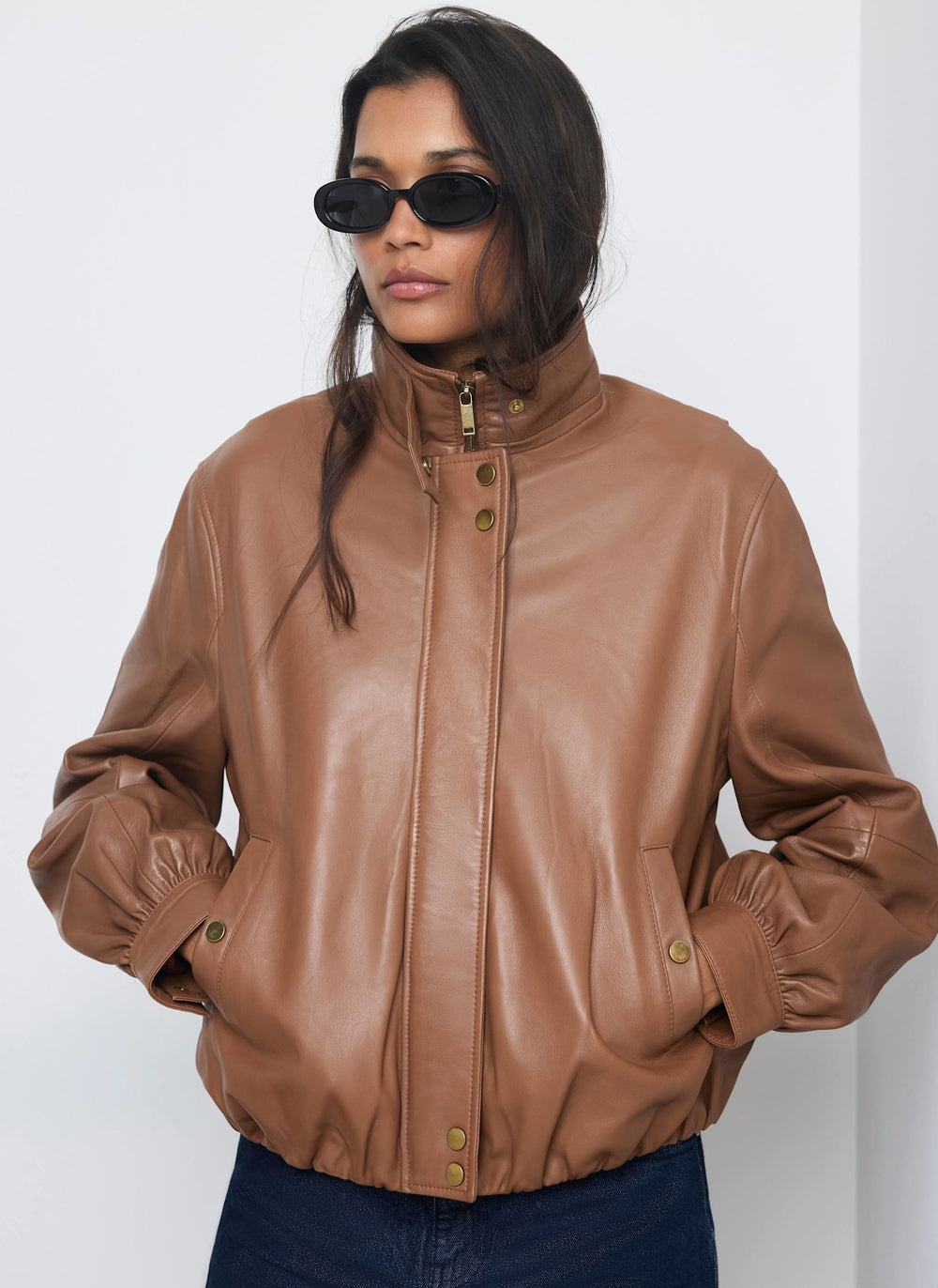 Tan Leather Ultimate Funnel Neck Bomber Jacket