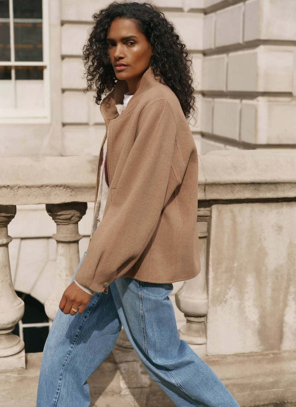 Tan Wool Blend Hand Finished Bomber Jacket