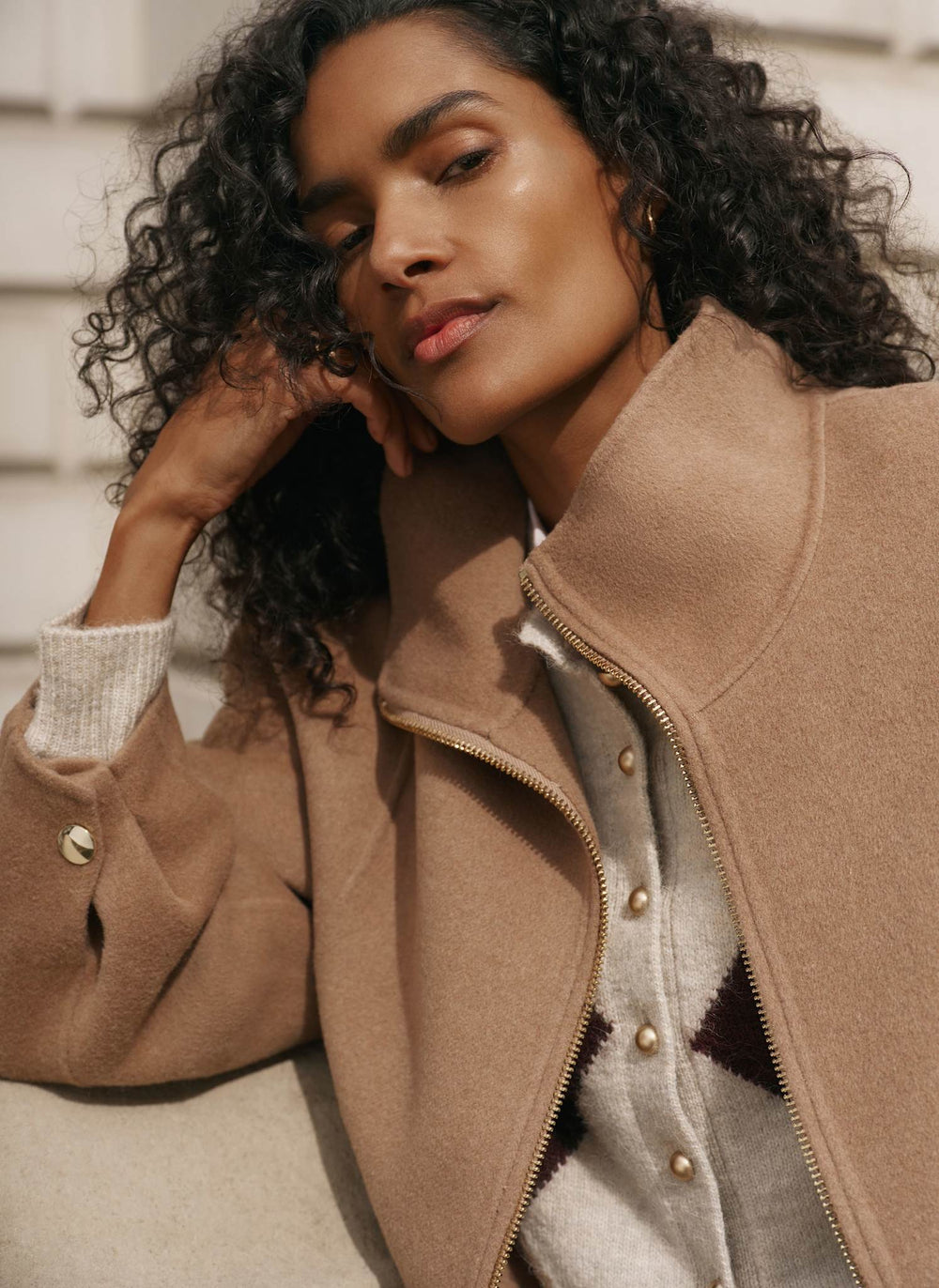 Tan Wool Blend Hand Finished Bomber Jacket