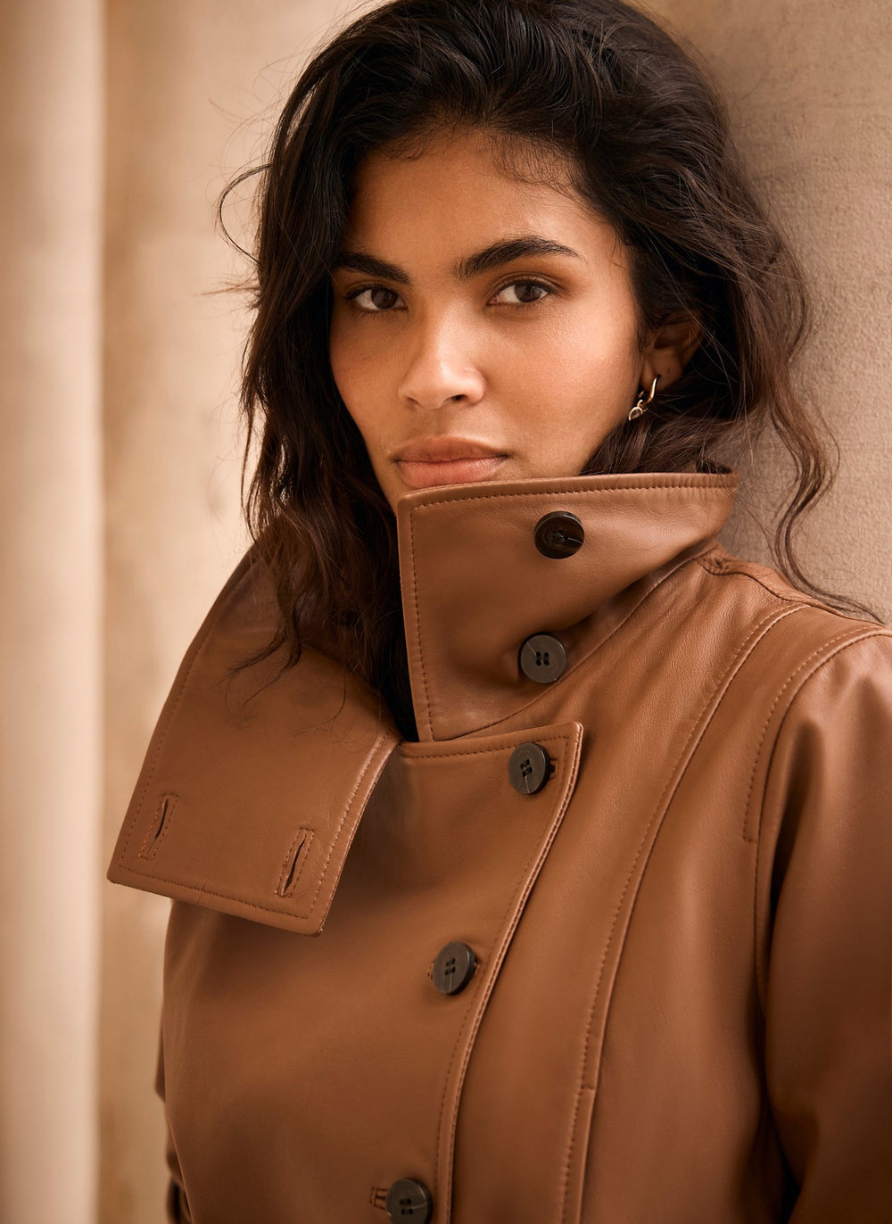 Tan Leather Funnel Neck Trench Jacket