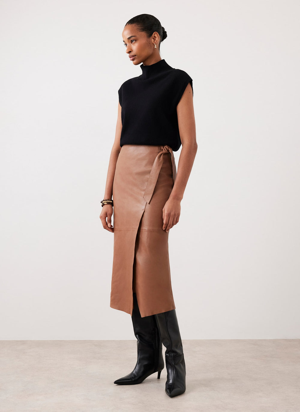Tan Leather Midi Skirt