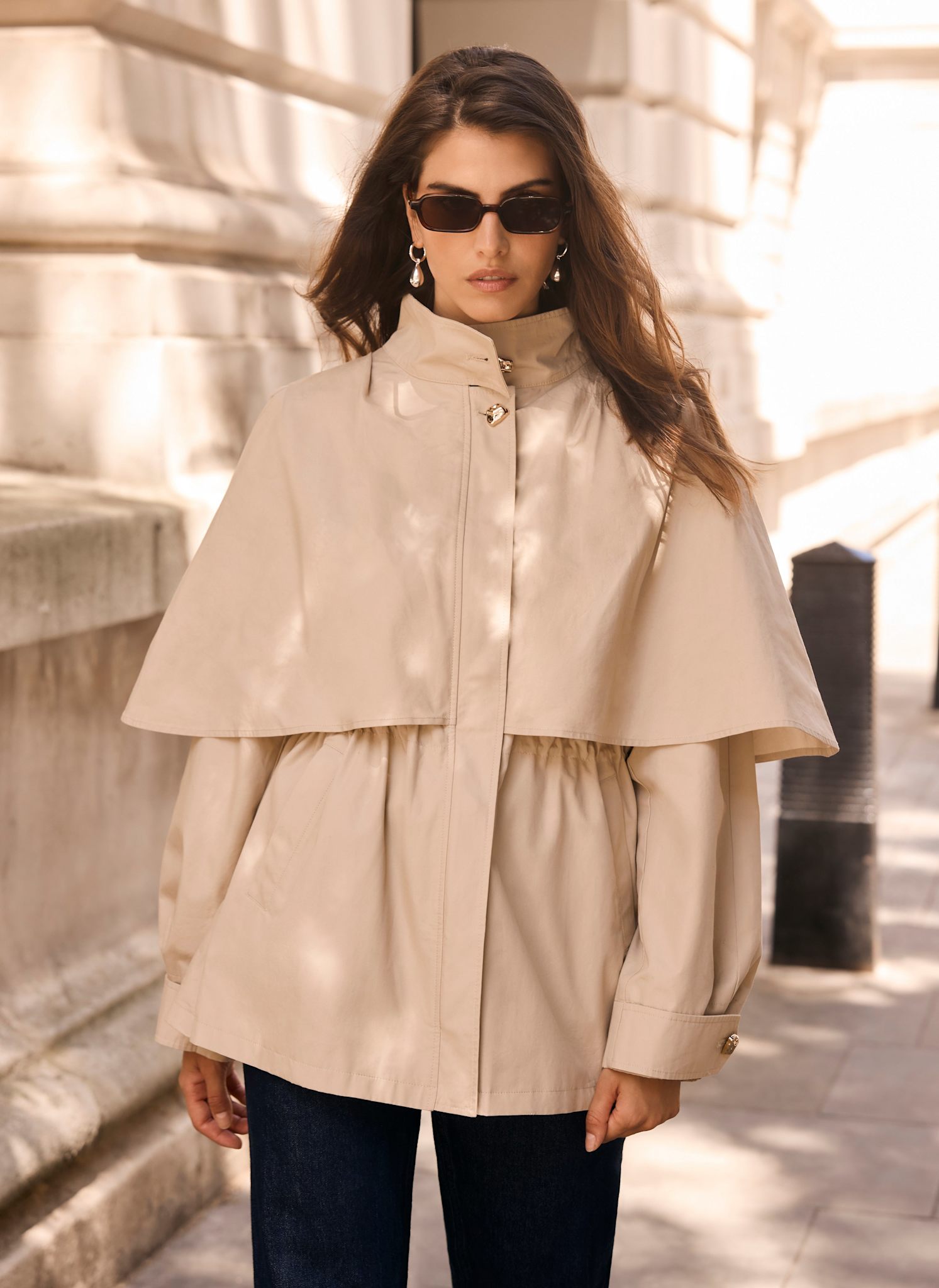 Neutral Cotton Cape Trench Jacket – Mint Velvet