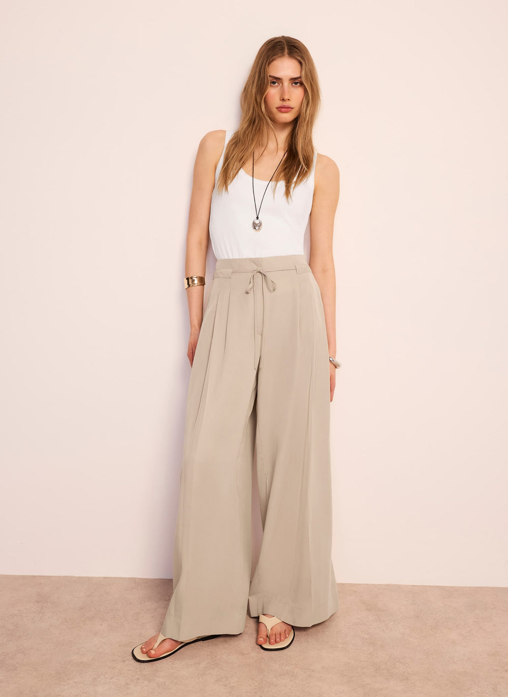 Neutral Tie Waist Wide Trousers