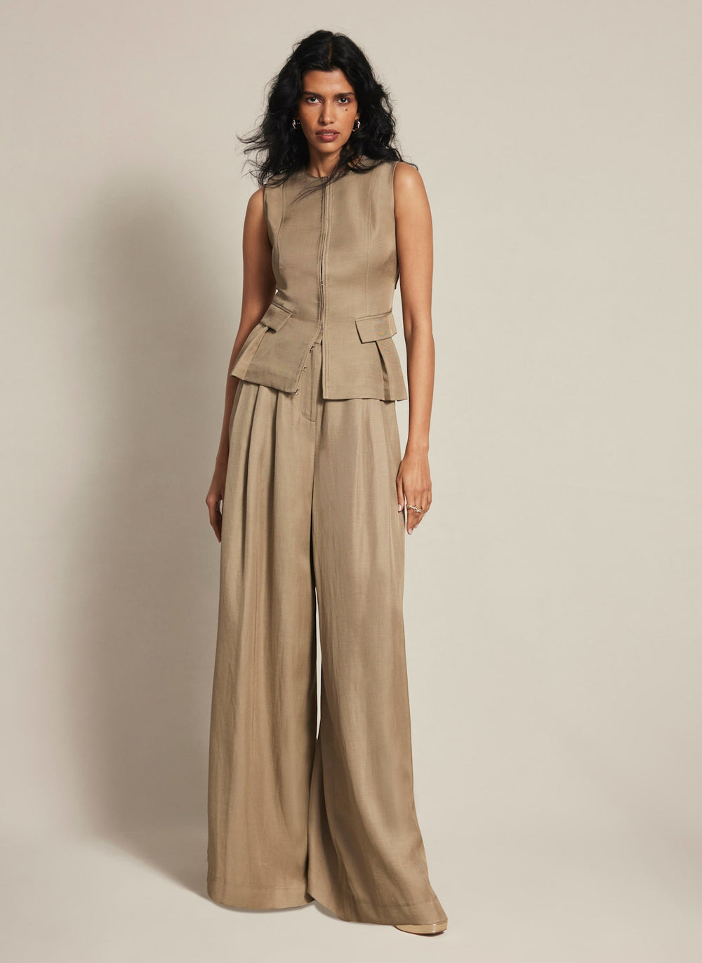 Taupe Pleated Wide Trousers