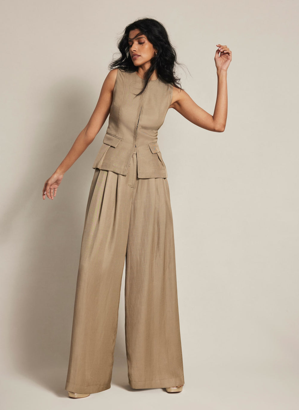 Taupe Pleated Wide Trousers