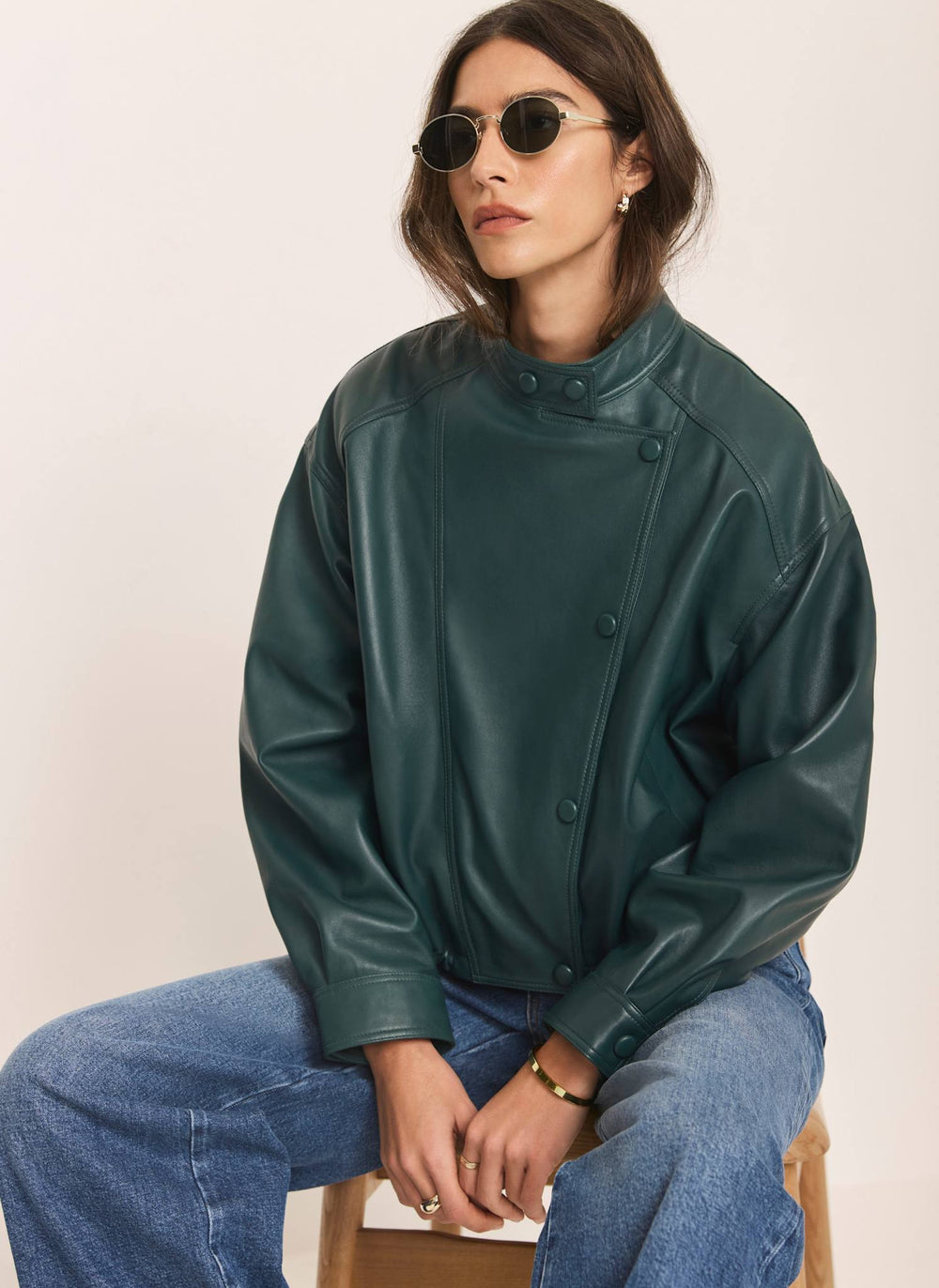 Teal Leather Cropped Pilot Bomber Jacket