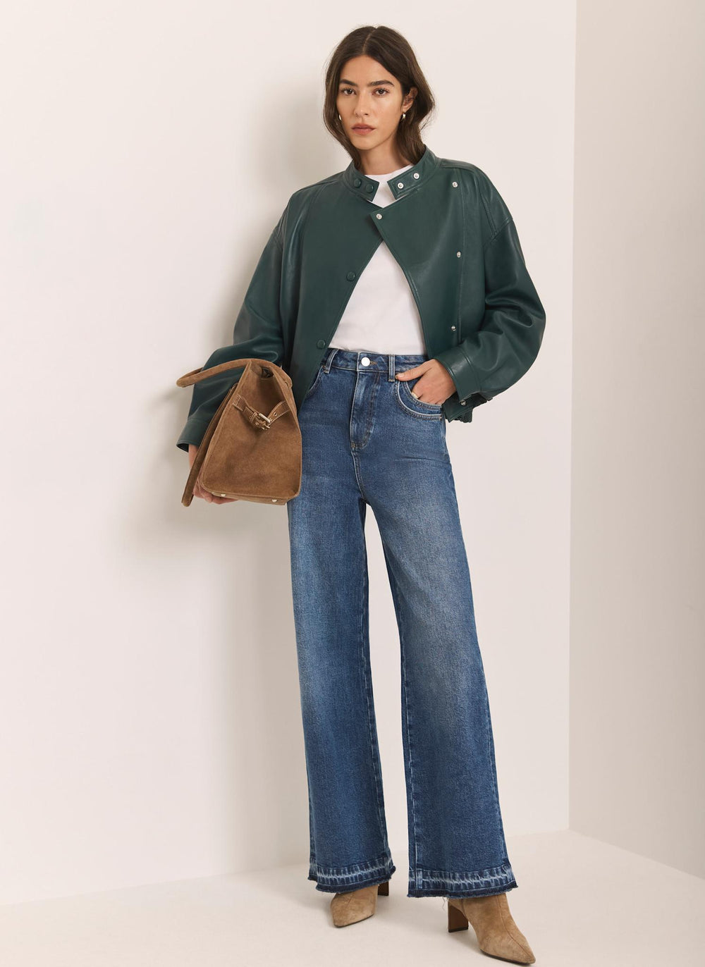 Teal Leather Cropped Pilot Bomber Jacket