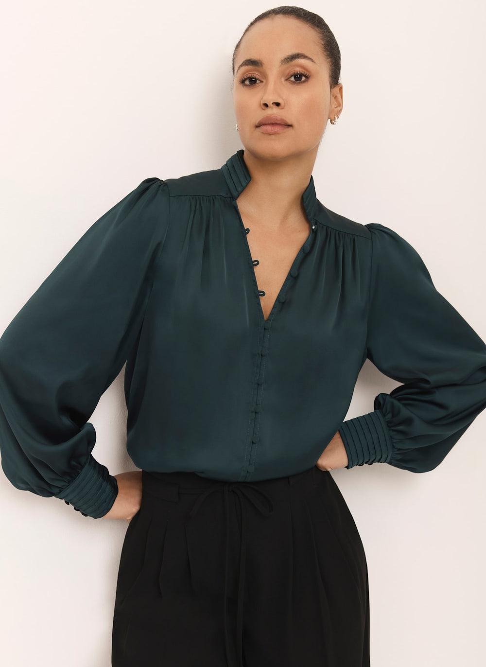 Teal Satin Long Sleeve Blouse