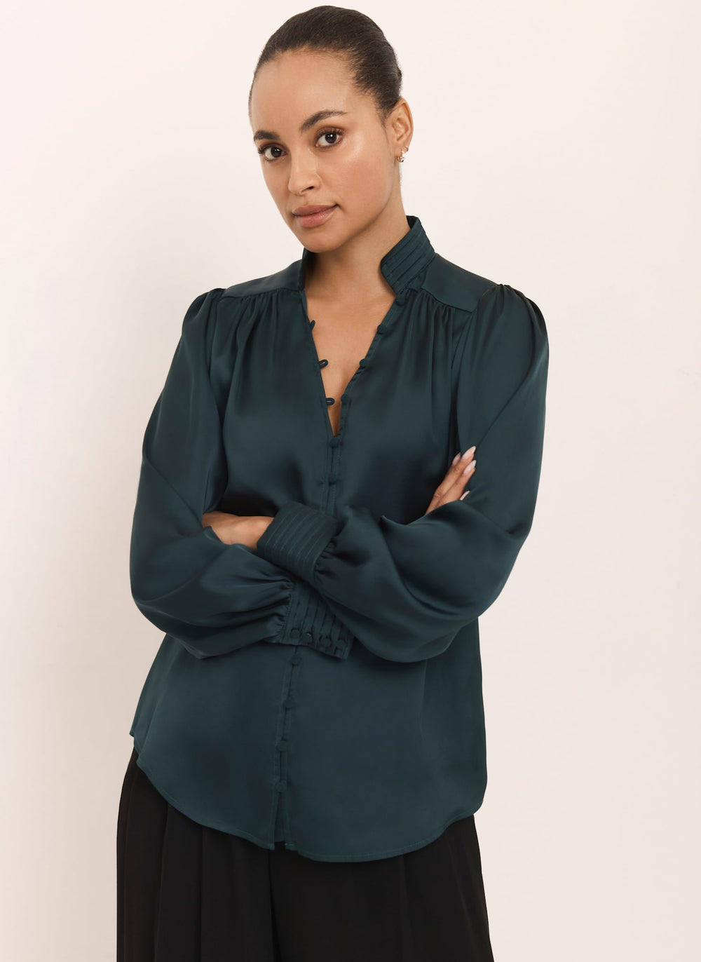 Teal Satin Long Sleeve Blouse