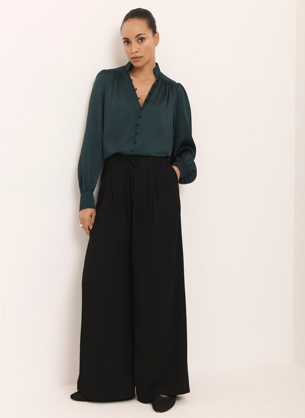 Teal Satin Long Sleeve Blouse
