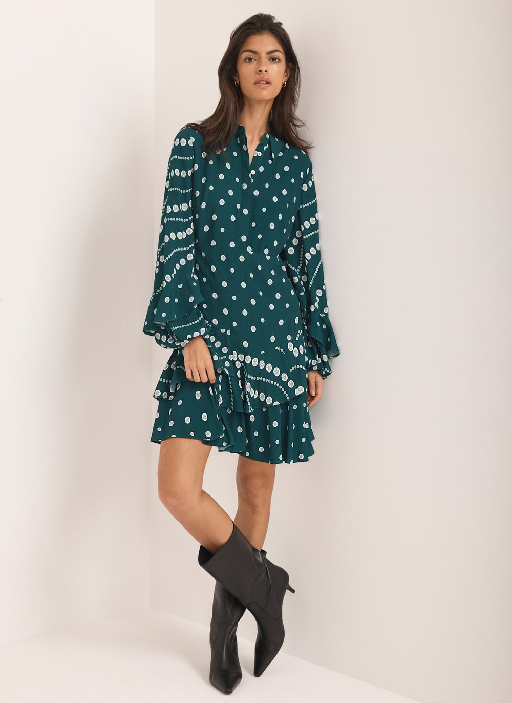 Teal Printed Ruffle Mini Dress