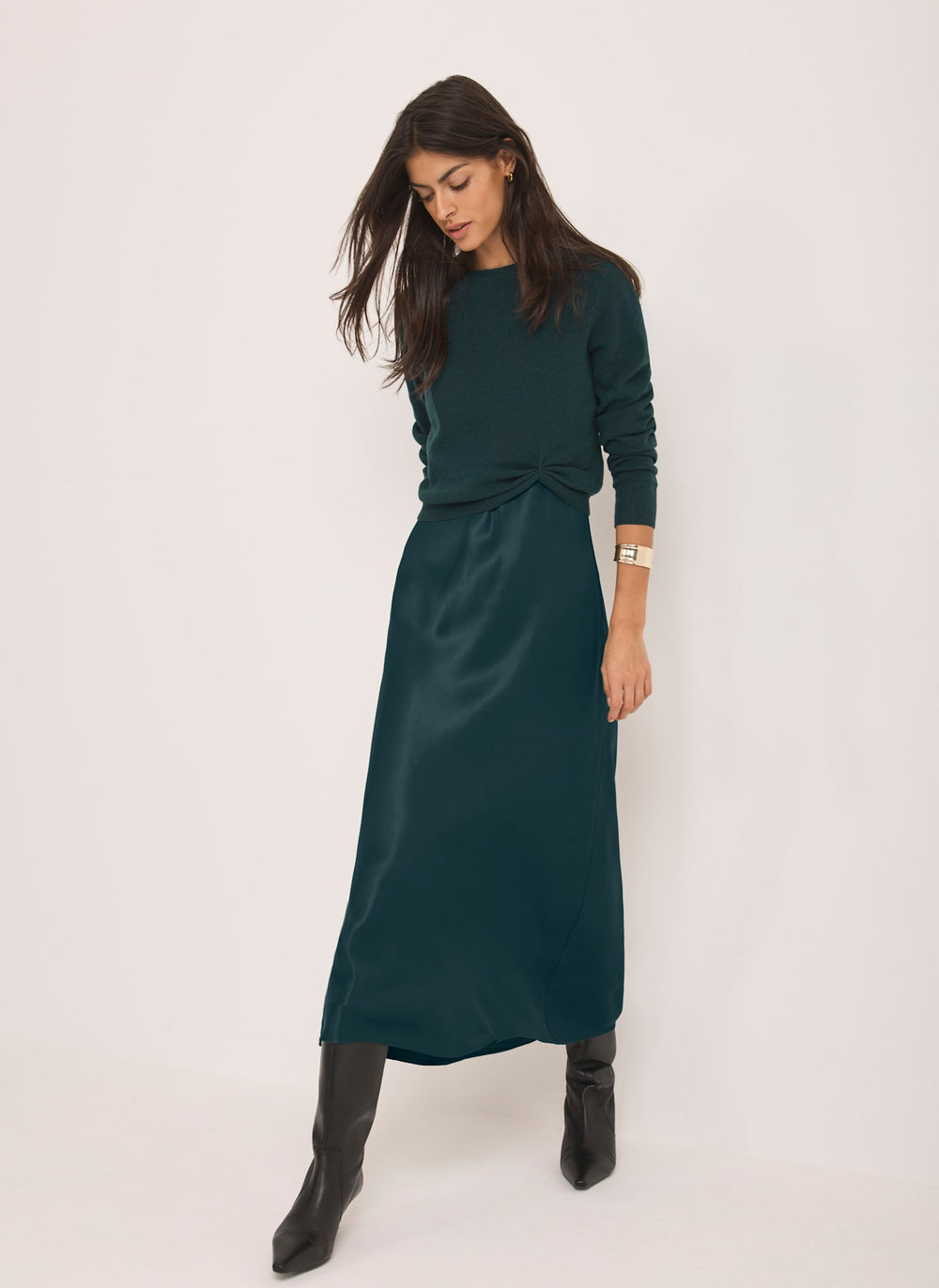 Teal Layered Satin Midi Dress