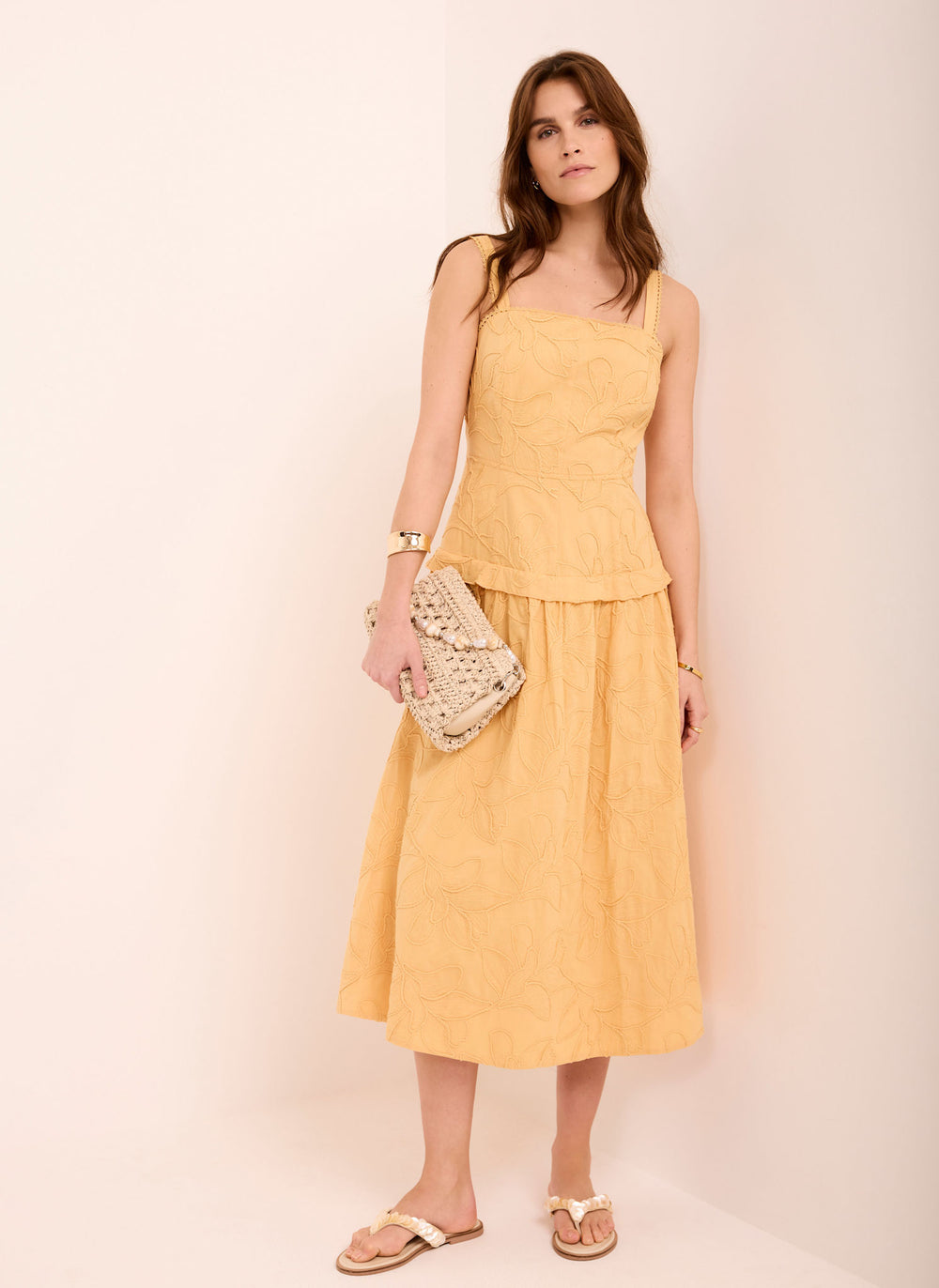 Yellow Cotton Floral Midi Dress