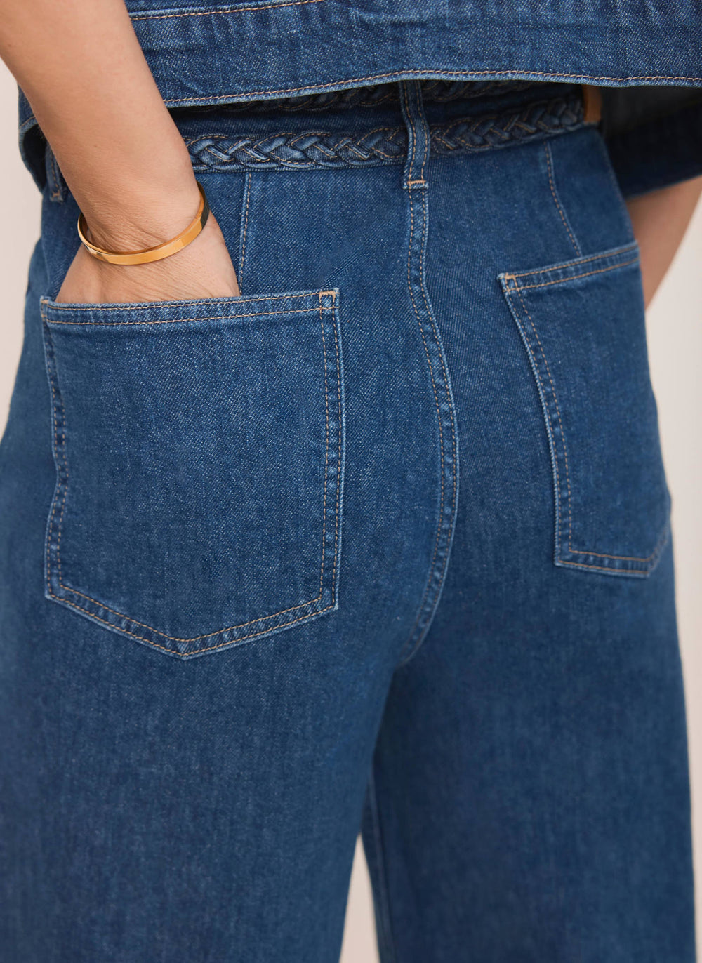 Indigo Denim Plait Detail Wide Jeans