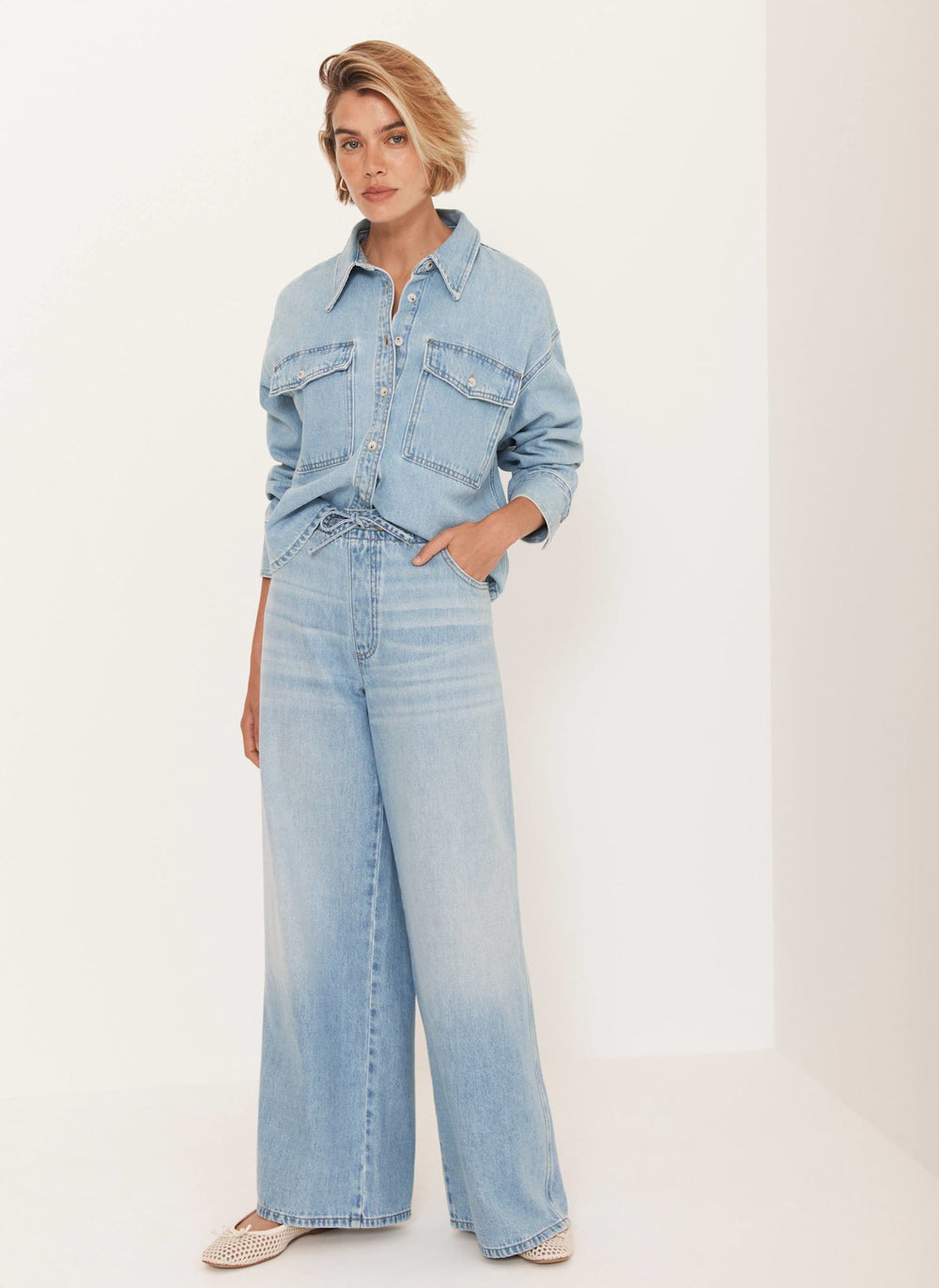 Light Indigo Wide Leg Tie Waist Jeans