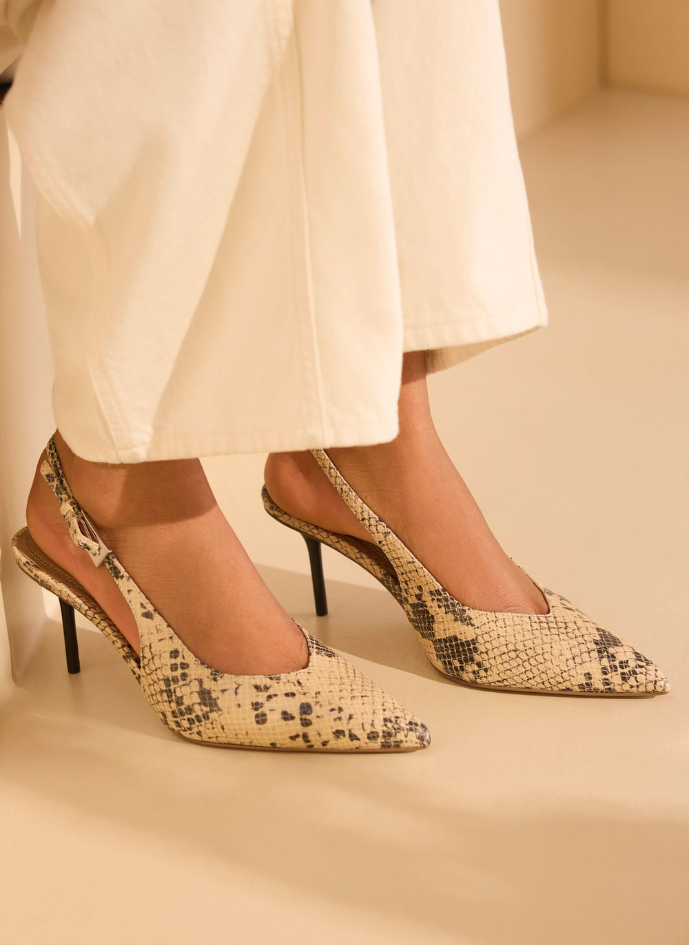 Tori Neutral Snake Print Leather Heels