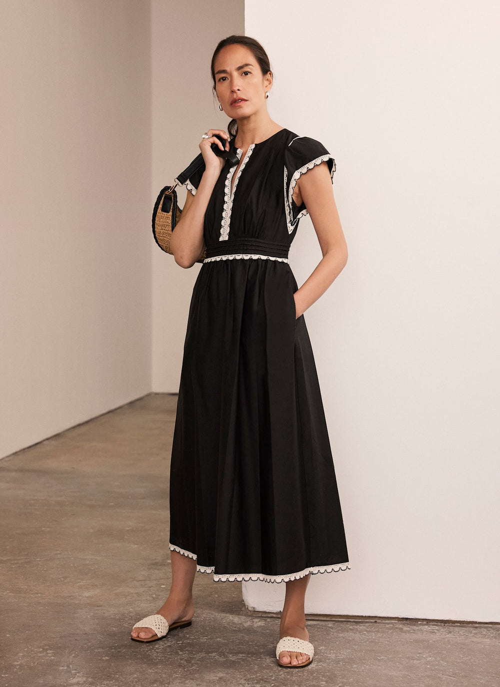 Black Cotton Scallop Trim Midi Dress