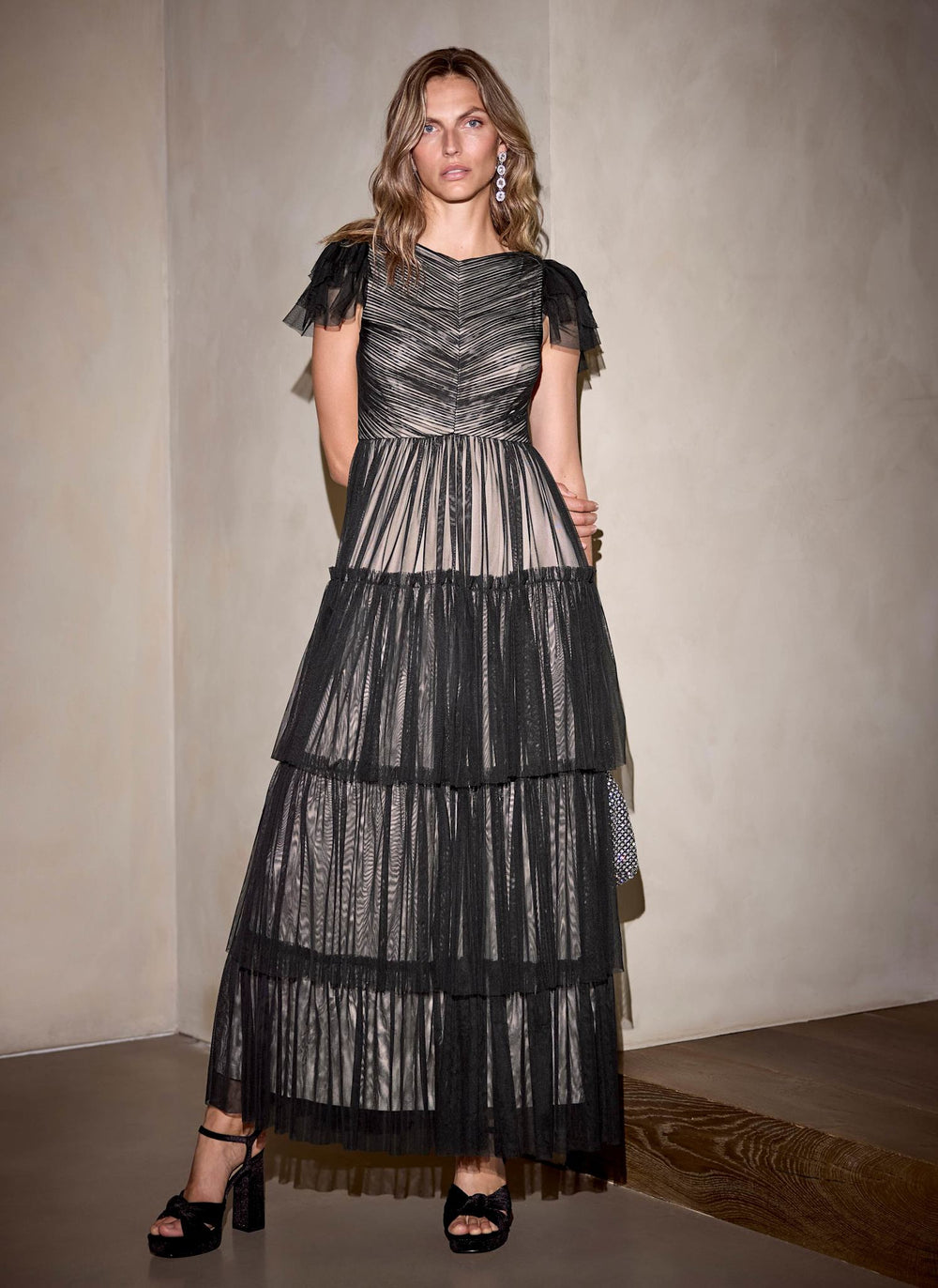 Black Layered Tulle Maxi Dress