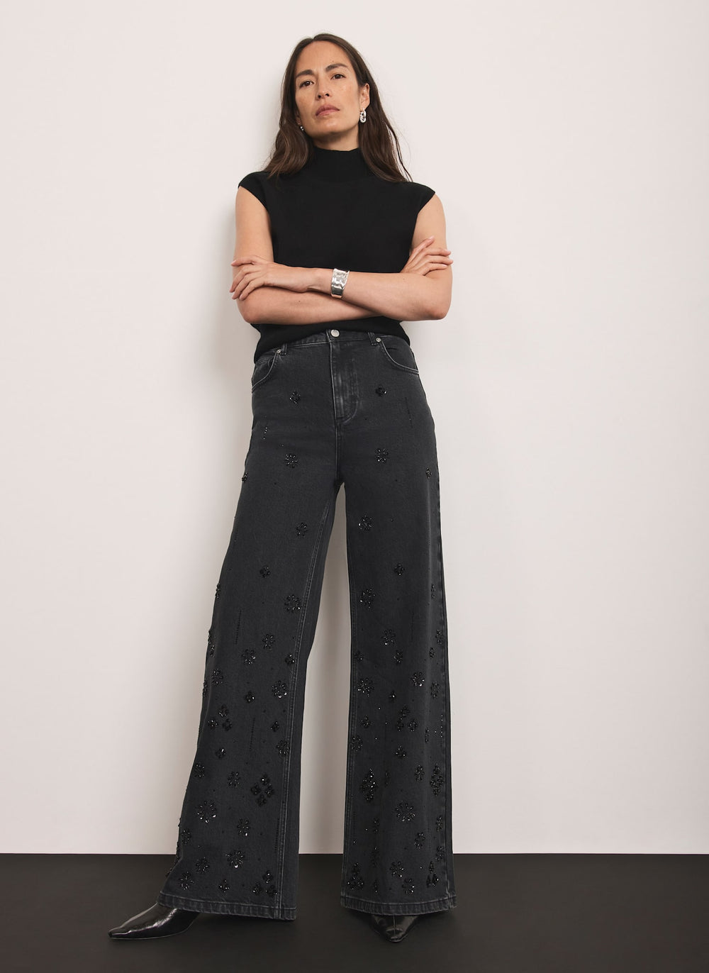 Washed Black Embellished Wide Jeans