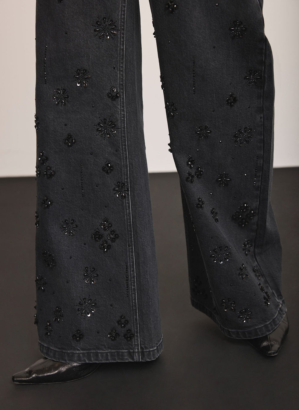 Washed Black Embellished Wide Jeans