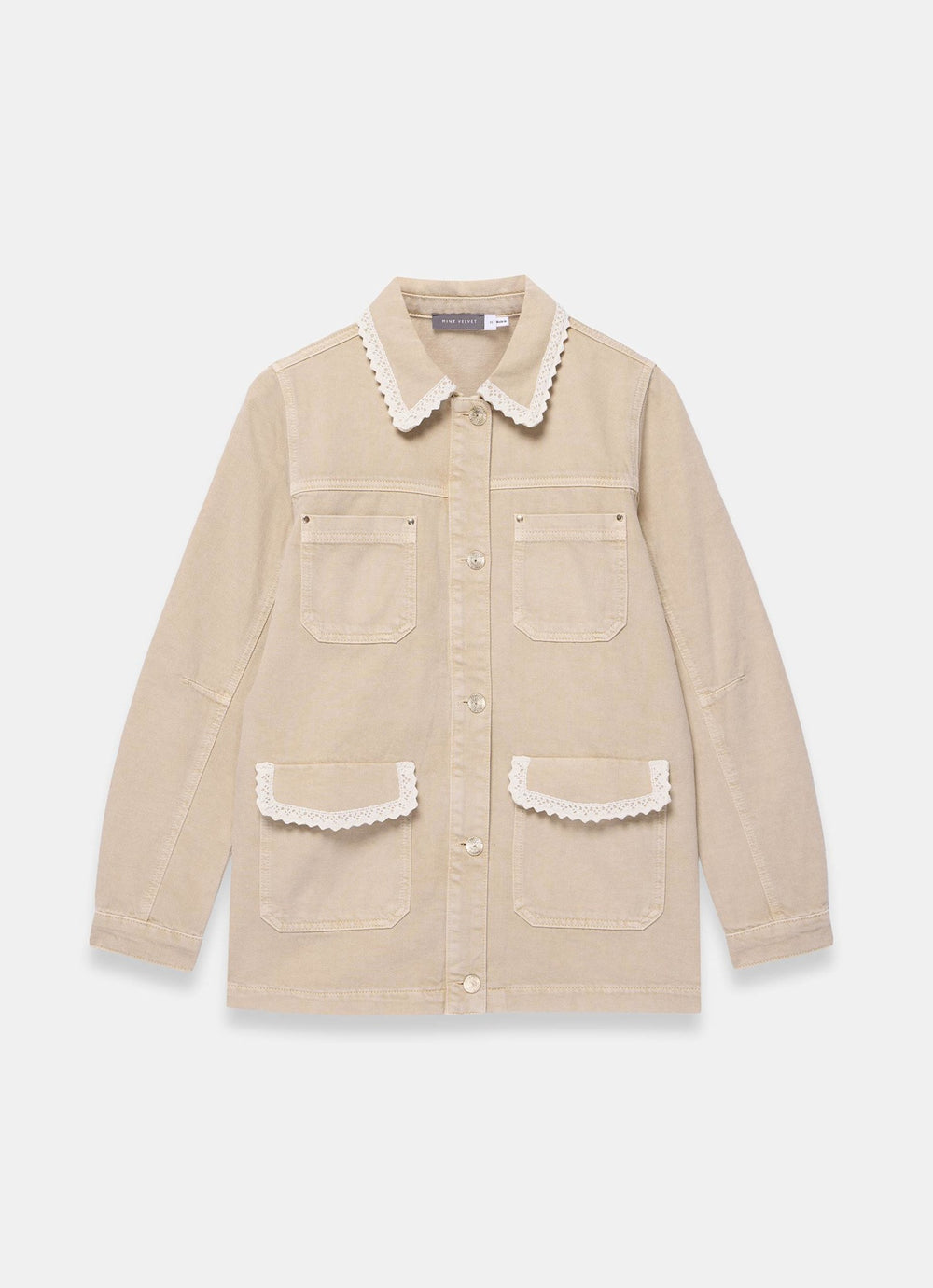Neutral Washed Lace Trim Shacket