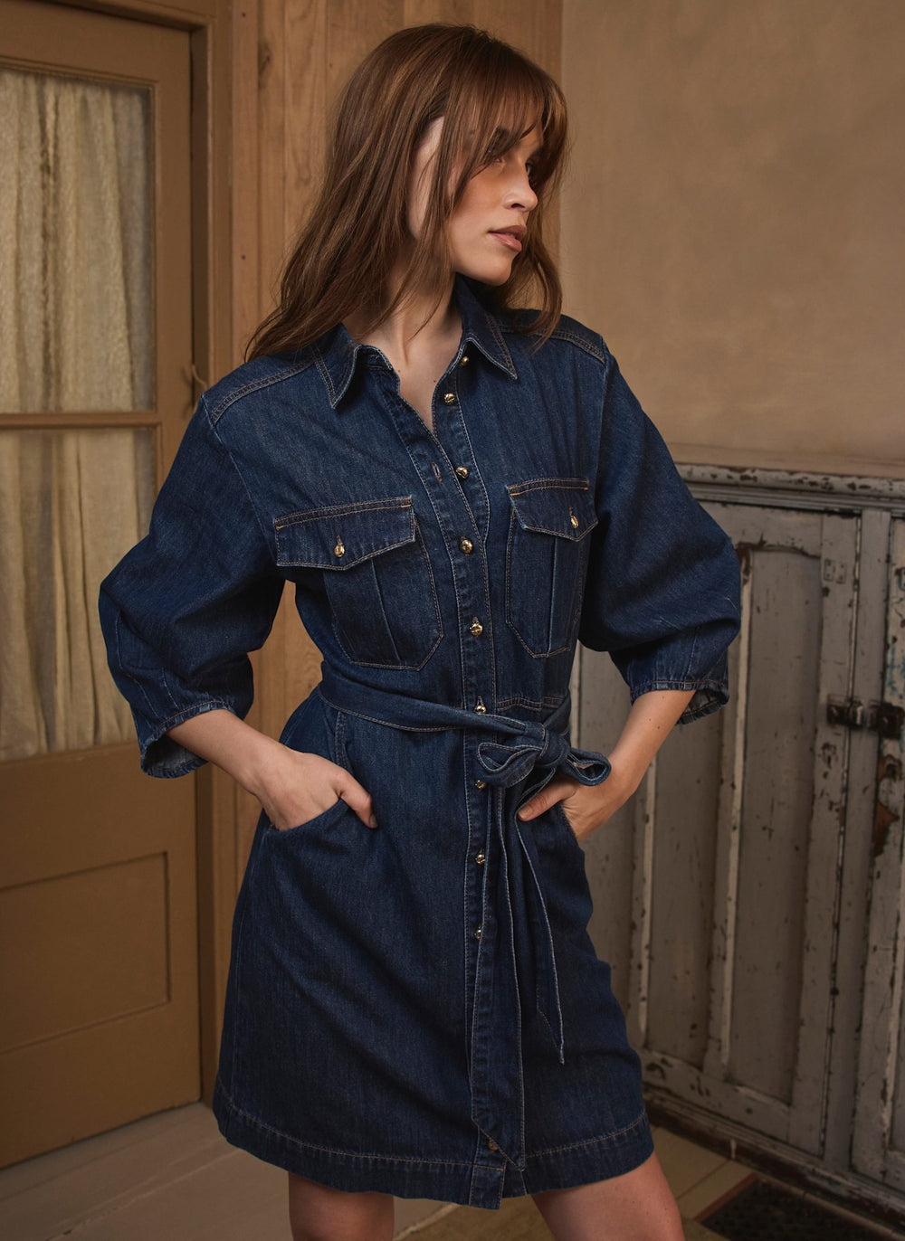 Mid Indigo Denim Mini Shirt Dress