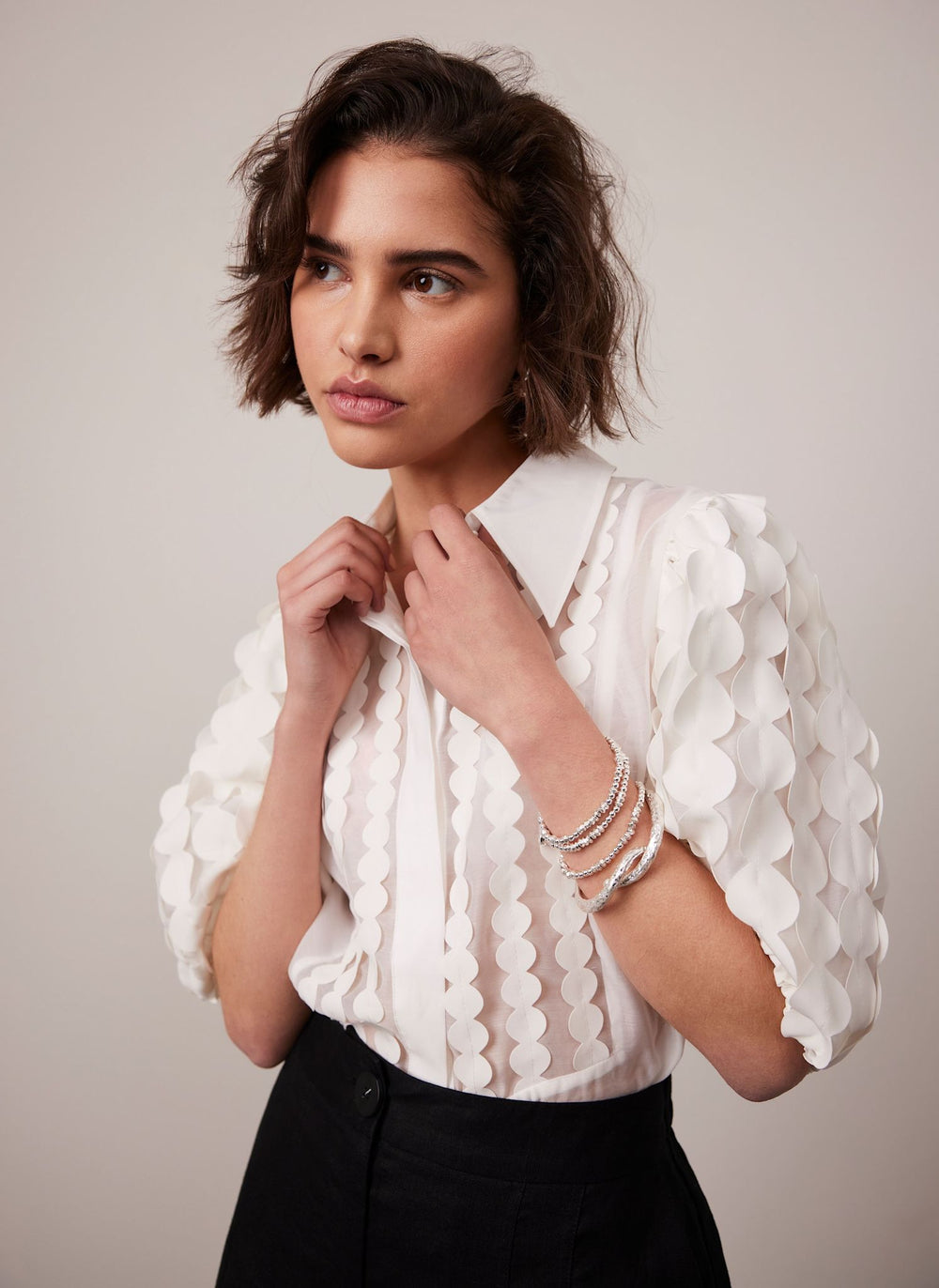 White Organza Puff Sleeve Shirt