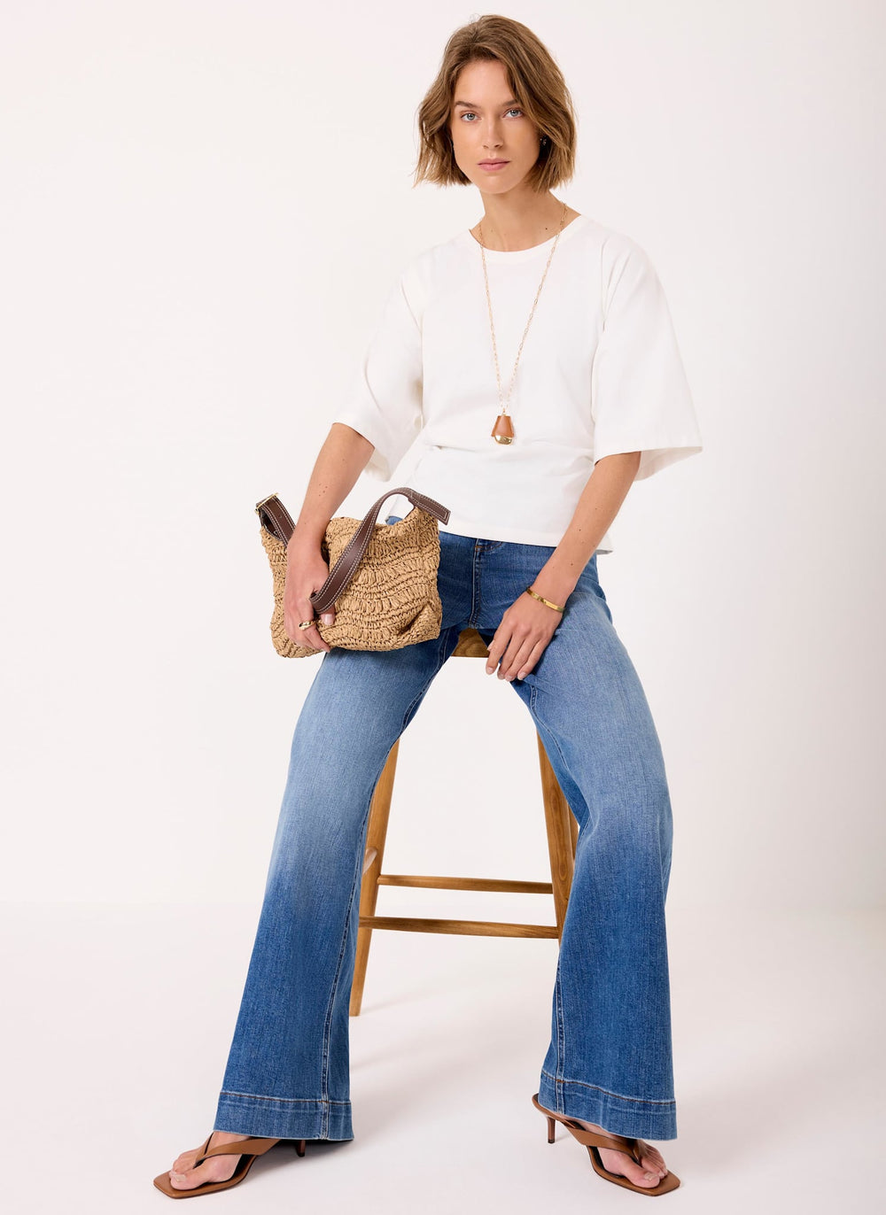 White Cotton Ruched Waist T-Shirt
