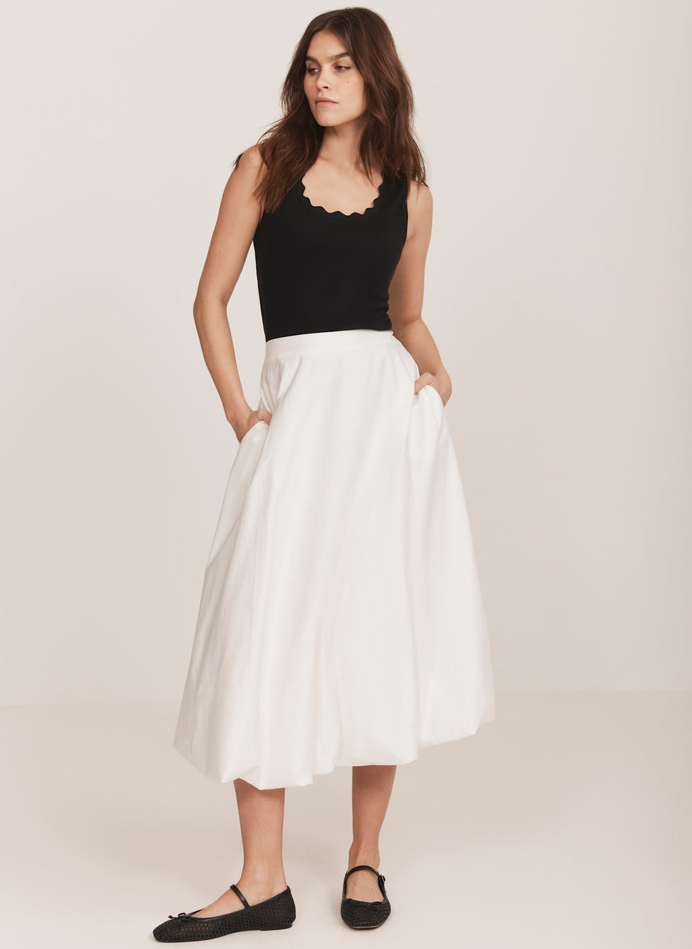 White Cotton Bubble Midi Skirt
