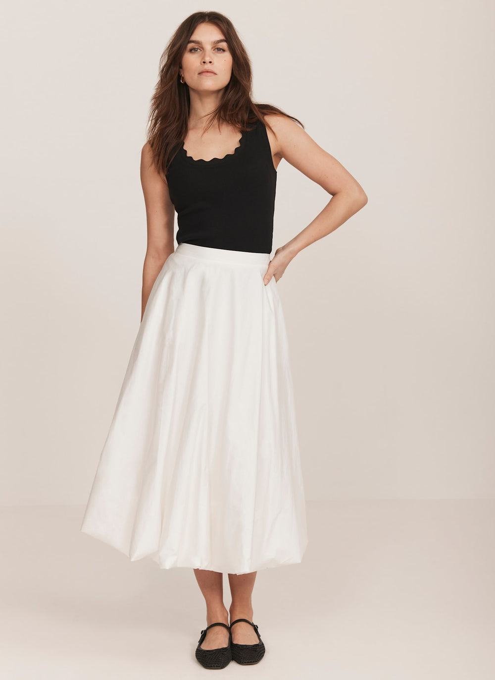 White Cotton Bubble Midi Skirt