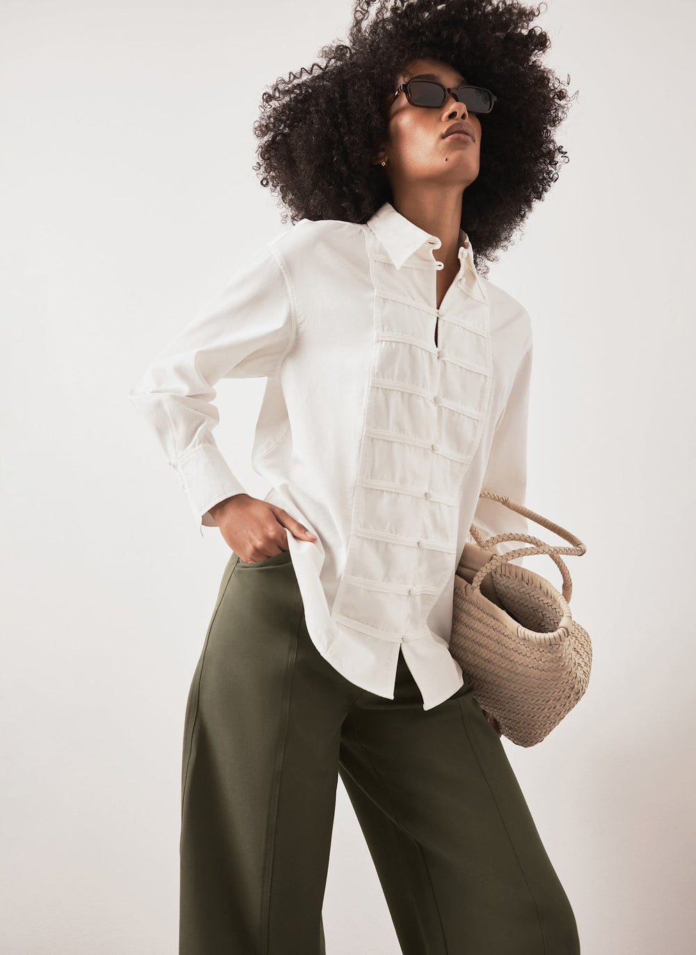 White Cotton Blend Knot Button Shirt